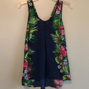 Navy blue tropical sleeveless blouse with bow